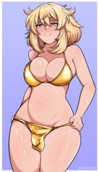 1futa bikini blonde_hair blue_eyes blush breasts bridget bulge futanari golden_week guilty_gear npczoey sweat tagme teenager trans transgender_woman