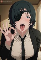 ai_generated bed black_hair black_jacket black_necktie black_suit blue_eyes blush breasts chainsaw_man collared_shirt curtains dress_shirt drooling eyepatch fellatio_gesture female formal green_hair hand_up high_heels high_quality high_resolution highres himeno_(chainsaw_man) indoors jacket kobenibeni large_breasts leaning_forward long_sleeves looking_at_viewer loose_necktie medium_breasts necktie on_bed one_eye_covered open_clothes open_jacket open_mouth oral_invitation partially_unbuttoned patreon_logo patreon_username saliva saliva_drip saliva_trail sexually_suggestive shirt short_hair solo suit suit_jacket sweat teeth tongue tongue_out upper_body upper_teeth_only uvula watermark web_address white_shirt window wing_collar