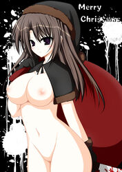 blush breasts brown_hair female female gloves hat highres inverted_nipples long_hair looking_at_viewer lovelovemaid navel nipples nude purple_eyes pussy santa_hat smile solo source_request standing uncensored