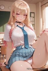 2025 ai_generated anime bangs bead_bracelet beads black_choker blonde_hair blue_necktie blue_skirt blush bracelet breasts chair chalkboard choker classroom clock closed_mouth collared_shirt crossover desk ear_piercing earrings female female female_focus gradient_hair gyaru highres indoors jewelry kitagawa_marin kitagawa_marin large_breasts long_hair looking_at_viewer marin_kitagawa multicolored_hair nail_polish necktie nsfw on_desk panties patreon_username piercing pink_hair pink_nails plaid plaid_skirt pleated_skirt red_eyes rognezart school_desk school_uniform shirt short_sleeves sitting skirt smile solo sono_bisque_doll_wa_koi_wo_suru thighs tied_shirt underwear white_panties white_shirt window