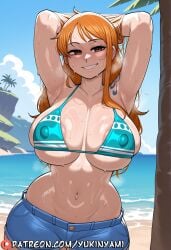 1girls ai ai_generated big_breasts bikini bikini_top breasts breasts_out eyes female frieren generated heart huge huge_breasts island jeans nami nami_(one_piece) nipples one_piece orange_hair outside patreon patreon_username pussy sexy slender wet yukinyami
