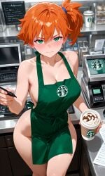 ai_generated alternative_bust_size apron asymmetrical_hair bangs bare_shoulders blush brand_name_imitation breasts cafe clavicle cleavage closed_mouth clothing coffee coffee_cup cup disposable_cup female female female_only green_apron green_eyes hadaka_apron hair_between_eyes holding holding_cup holding_object holding_pen indoors kasumi_(pokemon) kitchen large_breasts looking_at_viewer marker menu_board orange_hair pen pokemon ponytail short_hair side_ponytail solo standing thick_thighs thighs tied_hair wide_hips