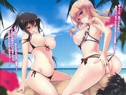 1boy 2girls absurdres arm_support ayase_hazuki beach bikini bikini_aside black_bikini black_hair blonde_hair blush breasts breasts_out brown_eyes character_request cloud cowgirl_position cunnilingus faceless faceless_male facesitting flower frilled_bikini frills front-tie_top group_sex hibiscus highres huge_filesize leaf long_hair looking_at_viewer looking_back multiple_girls navel ocean open_mouth oral ore_no_kanojo_to_oneechan_no_yuwaku_mizugi_shoubu palm_tree ponytail purple_eyes reverse_spitroast scan scrunchie sex shiny shiny_skin short_hair side-tie_bikini sitting sitting_on_person skindentation sky smile string_bikini swimsuit text threesome tied_hair translation_request tree white_bikini white_swimsuit