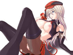 alisa_ilinichina_amiella arm_support armpits black_gloves blue_eyes boots breasts cleavage elbow_gloves female foreshortening gloves god_eater god_eater_burst hat hiro_(hankakudouga) large_breasts lavender_hair light_brown_hair long_hair nipples no_panties open_clothes open_mouth pantyhose plaid plaid_skirt pussy seaweed shadow simple_background skirt solo suspenders thigh_boots thighhighs torn_clothes torn_pantyhose uncensored vest white_background