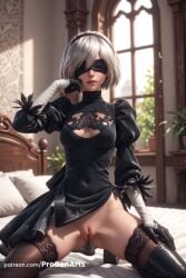 1girls 2b_(nier:automata) ai_generated artist_name ass_visible_through_thighs bed black_blindfold black_dress black_gloves black_hairband black_thighhighs blindfold boots breasts cleavage_cutout clothing_cutout covered_eyes covered_navel dress facing_viewer feather-trimmed_sleeves female gloves hairband hi_res indoors kneeling leotard lips long_sleeves medium_breasts mole mole_under_mouth nier:_automata nier_(series) nier_replicant no_panties on_bed parted_lips patreon_username pillow plant progenarts puffy_sleeves pussy short_hair solo spread_legs thigh_boots thighhighs uncensored white_hair window yorha_2b