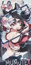 :d animal_ears bare_shoulders black_hair blush boots breasts character_name choker cleavage fangs female large_breasts long_hair looking_at_viewer midriff momotexx_(vtuber) navel oerba_yun_fang open_mouth red_eyes short_hair short_shorts shorts smile solo thigh_strap thighhighs thighs virtual_youtuber vyugen
