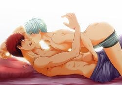 2boys abs ass bed blue_hair gay kagami_taiga kuroko_no_basuke kuroko_tetsuya male male_only multiple_males open_clothes open_mouth red_hair topless white_background yaoi