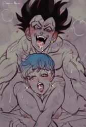amartbee blue_eyes blue_hair bulma_briefs dragon_ball dragon_ball_super dragon_ball_z earrings female male saliva sex vegeta yellow_eyes
