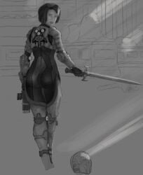 armor artofthejackyl big_ass female gun hellgate_london human looking_at_viewer looking_back looking_back_at_viewer lyra_(hellgate_london) sword templar_(hellgate_london) thick_thighs video_games wip