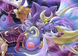 2girls aphrodisiac cat_ears cat_tail catgirl drooling duel_monster female fluffy_hair golden_eyes groping horny large_breasts leotard licking licking_neck lifting_leg littlemomoth lunalight lunalight_liger_dancer lunalight_perfume_dancer mask mostly_clothed multicolored_hair purple_hair purple_skin red_eyes yu-gi-oh!