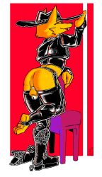 anthro anus armwear balls barefoot bbgg_(artist) boots canid canine chair chair_position chaps chastity_cage chastity_device clothing cowboy cowboy_boots cowboy_hat cowboy_outfit elbow_gloves feet finger_gun footwear fox from_behind_position furniture genitals gesture gloves gregg_lee hand_gesture handwear hat headgear headwear hi_res inviting leather leather_clothing male mammal night_in_the_woods penis presenting presenting_anus sex shoes smug socks solo standing stirrup_socks tight_clothing