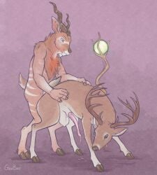 anal anal_sex animal_genitalia animal_penis anthro anthro_on_feral anthro_penetrating anthro_penetrating_feral antlers balls biped blush bovid brown_body brown_eyes brown_fur caprine cervine_genitalia cervine_penis chest_tuft cloven_hooves countershade_torso countershading deer duo erection feral feral_penetrated from_behind_position fur gavbat genitals gloves_(marking) goat hooves horn leg_markings male male/male male_feral male_on_feral male_penetrated male_penetrating male_penetrating_male mammal markings penetration penis purple_background quadruped sex sheath signature simple_background snout socks_(marking) striped_body striped_fur stripes tuft unguligrade zoophilia