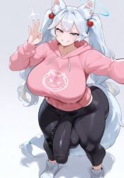ai_generated artist_request balls big_butt big_penis bubble_ass bubble_butt bulge female futanari gym_clothes hoodie intersex kirsche_verstahl leggings looking_at_viewer muscular muscular_female muscular_thighs ok_sign penis penis_visible_through_clothing spandex virtual_youtuber vtuber