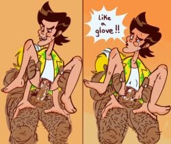 2boys ace_ventura ace_ventura_(character) belly_bulge blush boiledhotdog crying cuntboy drooling duo english_dialogue gay grabbing_thighs hairy_balls hairy_legs intersex manhandling no_background penetration penis procreate_(software) pubic_hair sketchy sweat the_griffin toony vagina vaginal_fluids