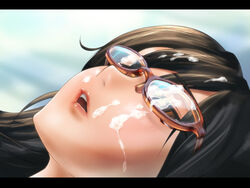 blush brown_eyes brown_hair close-up cum cum_on_glasses cum_on_hair face facial female glasses kabeu_mariko looking_up open_mouth original solo