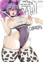 1girls ahe_gao ahegao_face big_ass big_breasts blush blush_lines bodily_fluids breasts cow_ears cow_girl cow_horns cow_print cow_print_thighhighs cowbell cowbell_collar cumming cumming_from_milking dialogue digital_media_(artwork) disembodied_hand female female_only huge_ass lipstick moffin nipples nipples_visible_through_clothing no_bra pink_eyes poking poking_breasts purple_hair purple_hair_female pussy_juice pussy_juice_drip_through_clothes see-through see-through_clothing sensitive sensitive_nipples solo solo_female solo_focus spontaneous_lactation spontaneous_orgasm squirt squirting_milk sweat sweatdrop sweating thighs tight_clothing tongue tongue_out