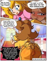 1boy 2girls anal anal_sex artlaccer_(artist) ass balls blonde_hair blue_eyes blush clothing comic dialogue doggy_style dress erection eyelashes facial_hair female genitals gloves hat height_difference human indoors larger_female light-skinned_female light-skinned_male light_skin looking_away luigi male male/female mario_(series) mature mature_female mature_male mature_man mature_woman moustache nintendo open_mouth orange_dress part_6 penis penis_in_anus pink_dress princess princess_daisy princess_peach royalty sex shorter_male size_difference smaller_male taller_female text text_bubble under_dress white_gloves