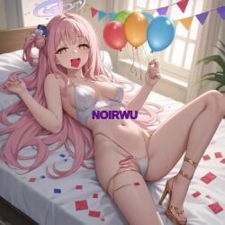 ai_generated bed birthday blue_archive breasts condom condom_in_mouth golden_eyes golden_high_heels halo heels high_heels highres long_hair lying_on_bed medium_breasts mika_(blue_archive) noirwu pink_hair toes wings