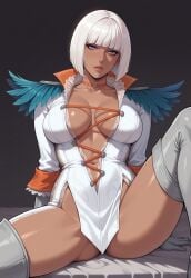 ai_generated blue_eyes bob_cut breasts cleavage dark-skinned_female dark_skin demon demon_girl devil_may_cry devil_may_cry_4 female female_only gloria_(devil_may_cry) large_breasts spread_legs thighs trish_(devil_may_cry) white_bodysuit white_hair