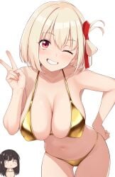 2girls bikini blonde_hair breasts cleavage female gold_bikini grin hair_ribbon hand_on_own_hip highres inoue_takina large_breasts leaning_forward lycoris_recoil mobukichi multiple_girls navel nishikigi_chisato one_eye_closed one_side_up red_eyes red_ribbon ribbon short_hair simple_background smile solo_focus stomach swimsuit v