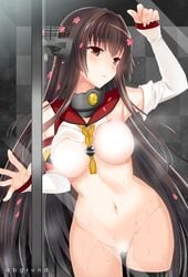 against_glass artist_name black_legwear blush bottomless breasts brown_eyes brown_hair censored detached_sleeves female flower hair_down hair_flower hair_ornament kantai_collection long_hair nipple_censor no_nipples no_pussy open_mouth solo thighhighs torn_clothes udk yamato_(kantai_collection)