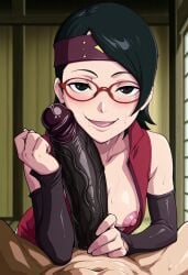 ai_generated black_penis boruto:_naruto_next_generations drooling forearm_cock iwao178_(ai_style) medium_hair naruto naruto_(series) penis_awe penis_measuring penis_on_face perky_breasts sarada_uchiha seductive_eyes seductive_smile uchiha_sarada