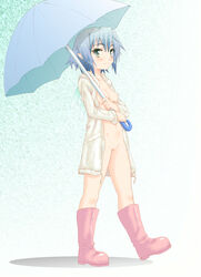 blue_hair blush female kesuida naked_shirt nipples original pointy_ears pussy short_hair small_breasts smile solo umbrella uncensored