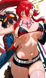 1boy 1girls ai_generated bikini black_hair black_shorts blue_jacket blush breast_grab breast_grab_from_behind breasts brown_shorts female from_behind goggles groping groping_breasts groping_from_behind hair_ornament huge_breasts jacket kosine1777 male ponytail red_hair sexual_assault shorts simon_(tengen_toppa_gurren_lagann) skull_hair_ornament stockings tengen_toppa_gurren_lagann yoko_littner