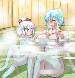 2girls alternate_hairstyle arm arm_support arms bare_legs bare_shoulders bath bathing blue_eyes blue_hair bow breast_awe breasts cleavage collarbone curvy danna_(karatekikku) female flat_chest floating_breasts fujiwara_no_mokou hair_up hairbow half-closed_eyes huge_breasts keine_kamishirasawa large_breasts legs multiple_girls naughty_face navel nipples nude onsen open_mouth outstretched_hand ponytail red_eyes red_hair short_hair silver_hair sitting smile staring_at_breasts submerged surprised tied_hair touhou water wet white_hair wink yuri