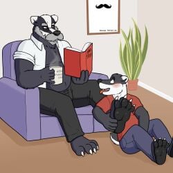 4_toes age_difference anthro badger barefoot beverage big_feet blue_balls blush book chair coffee duo father_(lore) father_and_child_(lore) father_and_son_(lore) feet foot_grab foot_rub furniture hi_res incest_(lore) inside male mammal mature_male mustelid musteline parent_(lore) parent_and_child_(lore) parent_and_son_(lore) sitting size_difference soles son_(lore) toes tongue tongue_out touching_self
