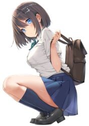 1girls backpack bag black_shoes blue_eyes blue_skirt blue_socks bob_cut bow bowtie breasts brown_hair closed_mouth commentary_request dolphin_hair_ornament dress_shirt earrings expressionless from_side full_body green_bow green_bowtie hair_between_eyes hair_ornament hairclip highres jewelry loafers looking_at_viewer looking_to_the_side medium_breasts miniskirt original pleated_skirt ribbed_legwear school_uniform shirt shirt_tucked_in shoes short_hair short_sleeves simple_background skirt socks solo squatting stud_earrings takayaki white_background white_shirt