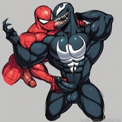 ai_generated alien gay grabbing_penis licking_face muscular spider-man symbiote venom venom_(marvel)