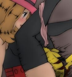 1girls ambiguous_gender black_legwear blue_eyes blush brown_hair female hair hat human implied_sex legs_up long_hair male nintendo panties pikachu pink_panties pokemon pokemon_(game) pokemon_xy pokephilia ruijiru serena_(pokemon) sleeveless thighhighs underwear video_games zoophilia