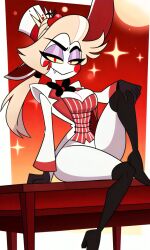 ai_generated big_breasts black_boots black_bowtie black_gloves blonde_hair blush_stickers bowtie breasts cleavage clothed eyelashes eyeshadow female genderswap_(mtf) hazbin_hotel heel_boots looking_at_viewer lucifer_morningstar_(hazbin_hotel) milf mother oerba_yun_fang pixai ponytail red_blush red_eyes red_sky rule_63 sitting_on_table slim_waist smile smug sparkles striped_vest suit thick_thighs tophat vest white_pants white_suit white_top_hat yellow_sclera