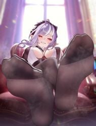 absurdres ahoge bare_legs black_bra black_hairband black_leggings black_legwear black_nails black_pantyhose blurry blurry_background bow bra breast_curtains breasts crossed_legs curtains feet female foot_fetish foot_focus hairband hairbow highres jewelry large_breasts legs lens_flare long_hair looking_at_viewer looking_down_at_viewer mole mole_under_eye multicolored_hair nail_polish on_chair parted_lips pointy_ears purple_bow purple_hair red_eyes sitting smell smile soles solo steam steaming_body streaked_hair sweat swept_bangs toe_ring toes underwear ursica vivian_(zenless_zone_zero) white_hair window zenless_zone_zero