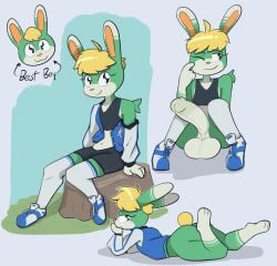 2025 animal_crossing anthro ass balls big_balls big_butt big_penis black_bottomwear black_clothing black_crop_top black_shirt black_shorts black_topwear blue_clothing blue_footwear blue_jacket blue_shoes blue_socks blue_topwear bottomwear clothed clothing crop_top dipstick_ears ear_markings erection femboy footwear fur genitals glans gloves_(marking) green_body green_fur green_glans green_penis hand_on_head huge_balls huge_cock humanoid_genitalia humanoid_penis jacket lagomorph leg_markings legwear leporid looking_at_viewer looking_away lying male male_focus male_only mammal markings mr_rottson multicolored_ears nintendo on_front open_clothing open_jacket open_topwear orange_inner_ear penis pink_nose rabbit sasha_(animal_crossing) shirt shoes shorts sitting smile socks socks_(marking) solo solo_male sparkles sparkling_eyes thigh_highs thigh_socks topwear white_balls white_body white_clothing white_footwear white_fur white_jacket white_penis white_shoes white_socks white_topwear yellow_body yellow_fur