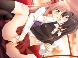 2girls ayase_miya azumi_risa black_hair blue_eyes clothing eye_contact female fingering fingering_from_behind multiple_girls panties peko pink_hair reach_around red_eyes saliva skirt sono_hanabira_ni_kuchizuke_wo spread_legs stockings thighhighs through_panties tongue upskirt yuri