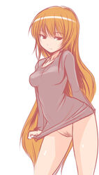 arm_behind_back artist_request badhand black_eyes bottomless female female long_hair naked_shirt orange_hair pubic_hair shirt_tug simple_background sketch solo tsurime tumblr_sample very_long_hair wide_hips