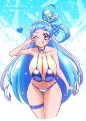 1girls aokaze_nana big_breasts bikini blue_hair breasts cure_wink female female_only idol kimi_to_idol_precure light-skinned_female light_skin magical_girl precure pretty_cure purple_eyes pururun_z solo toei_animation wink