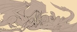 2025 back_spikes blurred_foreground chin_spikes claws dragon duo ear_frill erection european_mythology facial_spikes feral feral_on_feral finger_claws frill_(anatomy) genitals glans gnuranmox gryph000 horn line_art long_neck long_tail looking_at_another lying male male/male membrane_(anatomy) membranous_wings morkep mythological_creature mythological_scalie mythology on_back penis scalie signature simple_background snout spikes spikes_(anatomy) tail toe_claws western_dragon wing_claws wings yellow_background