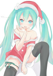 blush cum cum_in_mouth cum_on_hair female green_eyes green_hair gumo hat hatsune_miku long_hair off_shoulder santa_costume santa_hat sitting solo thighhighs tied_hair tongue twintails very_long_hair vocaloid white_background