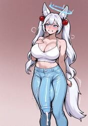 ai_generated balls big_penis bulge cleavage futanari jeans kirsche_verstahl penis penis_visible_through_clothing vtuber