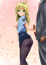 1boy ahoge ass black_legwear black_pantyhose blonde_hair breasts cum cumshot female green_eyes handjob hoshii_miki idolmaster long_hair nipples no_bra no_panties open_clothes open_shirt pantyhose penis police police_uniform shirt skirt_lift smile solo_focus yu_chi