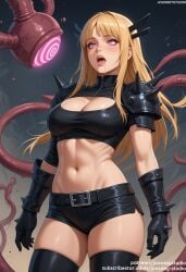 ai_generated armor bangs bare_shoulders belt black_belt black_gloves black_legwear black_shirt black_shorts black_thighhighs blonde_hair blunt_bangs blush boots breasts cleavage cleavage_cutout clothing clothing_cutout crop_top elbow_gloves female female fingerless_gloves gloves hair_ornament jousneystudio large_breasts legwear linea_alba lips long_hair magik_(illyana_rasputin) magik_(marvel_rivals) marvel marvel_rivals medium_breasts midriff mind_control navel open_mouth original pink_eyes saliva shirt short_shorts short_sleeves shorts shoulder_armor shoulder_spikes shrug_(clothing) skindentation solo spikes standing stomach teeth tentacle thick_thighs thighhighs thighs toned tongue tongue_out