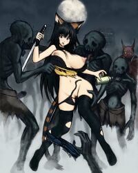 absurdres animal_ears black_hair black_panties bra_slip breasts cat_ears cat_girl cat_tail clothing_aside highres huge_breasts kosmic91 kotone kotone_inazuma long_hair narrow_waist nipples non-web_source panties panties_aside pussy tail thighhighs torn_clothes torn_thighhighs underwear vivid_dead zombie