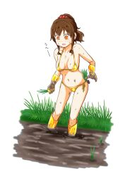 breasts brown_hair female female_only golden_bikini mud mud_pit original sansha0513 solo
