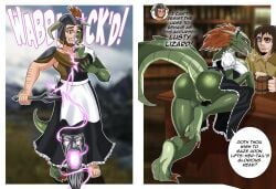 2025 alcohol annoyed anthro anus apron argonian armor ass beer beverage breast_growth breasts brown_hair clothing dialogue digital_media_(artwork) duo english_text erasethismail female gender_transformation genitals green_body green_scales growth hair hand_on_breast headgear helmet hi_res holding_object human human_to_anthro inside lifts-her-tail looking_at_viewer looking_back looking_back_at_viewer maid_uniform male mammal mask microsoft mtf_transformation presenting presenting_hindquarters pussy scales scalie smile species_transformation tail text the_elder_scrolls the_lusty_argonian_maid transformation uniform white_apron white_clothing