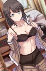 1girls bang_dream! black_bra black_hair black_pantyhose blue_eyes blurry blurry_background bra breasts brown_skirt cleavage closed_mouth clothes_pull collarbone commentary_request cowboy_shot female high-waist_pantyhose highres indoors long_hair looking_at_viewer medium_breasts narafume okusawa_misaki open_clothes open_skirt panties panties_under_pantyhose pantyhose pleated_skirt protected_link sailor_collar sideboob skirt skirt_pull solo standing sweatdrop underwear undressing white_sailor_collar