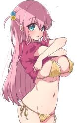 1girls bikini blush bocchi_the_rock! breasts cleavage covered_nipples embarrassed female gotou_hitori long_hair looking_at_viewer melty_pot midriff navel pink_hair red_shirt shirt_lift sideboob small_bikini tagme underboob undressing