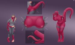 5:3 absurd_res anthro big_breasts breast_expansion breast_growth breasts brown_hair bursting_through_clothing clothing curvy_figure diethyl digitigrade expansion eyewear female gender_transformation genitals growth hair hand_on_hip hi_res human hypnosis identity_death lizard looking_at_viewer lowering_glasses male mammal mid_transformation mind_alteration mind_control mtf_transformation nipples nude pussy red_(skiesofsilver) red_body reptile scalie smile solo species_transformation sunglasses tail tail_growth thick_thighs tongue tongue_out torn_clothing transformation wide_hips